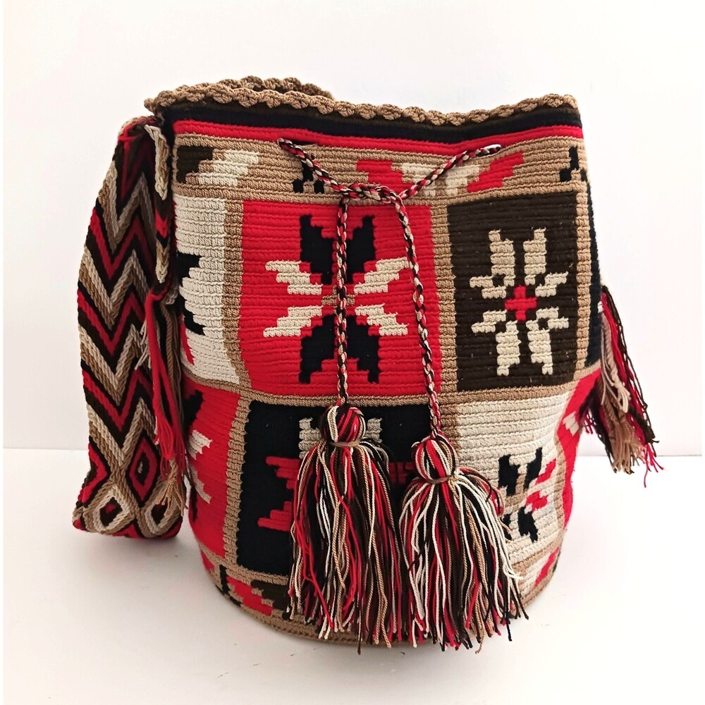 Wayuu Mochilla Lg Woven Drawstring Bucket Bag Red/Brown/Cream